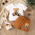 2pcs Baby Boy 95% Cotton Short-sleeve Bear Embroidered Tee & Shorts Set Brown image 1