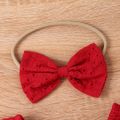 3pcs Baby Girl Solid Eyelet Embroidered Bow Front Short-sleeve Crop Top and High Low Hem Skirt & Headband Set Red image 4
