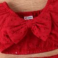 3pcs Baby Girl Solid Eyelet Embroidered Bow Front Short-sleeve Crop Top and High Low Hem Skirt & Headband Set Red image 5