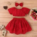 3pcs Baby Girl Solid Eyelet Embroidered Bow Front Short-sleeve Crop Top and High Low Hem Skirt & Headband Set Red image 3