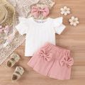 3pcs Baby Girl 95% Cotton Ribbed Ruffle Short-sleeve Tee and Bow Front Skirt & Headband Set Pink image 1