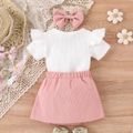 3pcs Baby Girl 95% Cotton Ribbed Ruffle Short-sleeve Tee and Bow Front Skirt & Headband Set Pink image 3