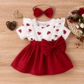 2pcs Baby Girl Heart Print Ruffled Short-sleeve Faux-two Bow Front Dress & Headband Set WineRed image 1