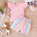 2pcs Kid Girl Flutter-sleeve Ribbed Short-sleeve Top and Belted Stripe Shorts Set Pink image 4