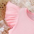 2pcs Kid Girl Flutter-sleeve Ribbed Short-sleeve Top and Belted Stripe Shorts Set Pink image 2
