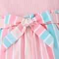 2pcs Kid Girl Flutter-sleeve Ribbed Short-sleeve Top and Belted Stripe Shorts Set Pink image 3