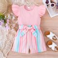 2pcs Kid Girl Flutter-sleeve Ribbed Short-sleeve Top and Belted Stripe Shorts Set Pink image 1