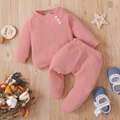 Baby 2pcs Solid Waffle Long-sleeve Sweatshirt and Trouser Set Light Pink image 1