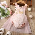 Baby Pink Floral Lace and Mesh Splicing Sleeveless Letter Romper Party Dress Pink image 2
