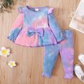 Baby 2pcs Tie Dye Waffle Long-sleeve Ruffle Bowknot Top and Trouser Set Multi-color