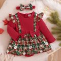 Christmas 2pcs Baby Plaid Splicing Santa and Snowman Print Red Long-sleeve Romper Dress Set Red image 1