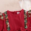 Christmas 2pcs Baby Plaid Splicing Santa and Snowman Print Red Long-sleeve Romper Dress Set Red image 2