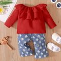 2pcs Baby Red Layered Ruffle Long-sleeve Top and Ripped Denim Jeans Set Red