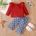2pcs Baby Red Layered Ruffle Long-sleeve Top and Ripped Denim Jeans Set Red