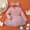 2pcs Baby Floral Embroidered Mesh Splicing Long-sleeve Ribbed Romper Dress Set Pink image 1