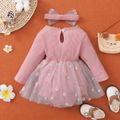 2pcs Baby Floral Embroidered Mesh Splicing Long-sleeve Ribbed Romper Dress Set Pink image 2