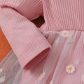2pcs Baby Floral Embroidered Mesh Splicing Long-sleeve Ribbed Romper Dress Set Pink image 4