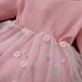 2pcs Baby Floral Embroidered Mesh Splicing Long-sleeve Ribbed Romper Dress Set Pink image 5