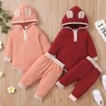 2-piece Baby Girl Ear Button Design Colorblock Long-sleeve Hooded Waffle Romper and Pants Set Pink