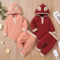 2-piece Baby Girl Ear Button Design Colorblock Long-sleeve Hooded Waffle Romper and Pants Set Pink