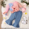 2-piece Baby Girl Tie Dye Tie Knot Long Bell sleeves Ribbed Top and Denim Flared Jeans Set Multi-color