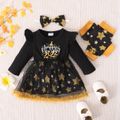 New Year 3pcs Baby Girl Letter and Star Print Black Mesh Dress Set Black