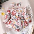 2pcs Baby Girl All Over Floral Print Ruffle Long-sleeve Romper Dress with Headband Set White
