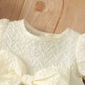 Baby Girl Solid Textured Puff Sleeve Bowknot Dress Beige