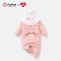 Care Bears 2pcs Baby Girl Love Heart Print Ruffle Collar Pink Textured Long-sleeve Jumpsuit with Headband Set Pink