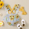 2pcs Baby Girl Allover Sunflower Print Ruffle Sleeveless Romper with Headband Set Yellow