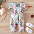 Easter Baby Girl Allover Rabbit and Floral Print Puff-sleeve Ruffle Bowknot Jumpsuit Multi-color