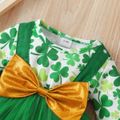 Baby Girl All Over Four-leaf Clover Print Long-sleeve Splicing Bowknot Mesh Romper Dress Green