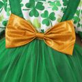 Baby Girl All Over Four-leaf Clover Print Long-sleeve Splicing Bowknot Mesh Romper Dress Green