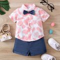 2pcs Baby Boy Allover Pink Leaf Print Short-sleeve Bow Tie Shirt and Solid Shorts Set Multi-color image 2