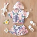 Denim 2pcs Baby Girl Button Design Floral Print Flare-sleeve Hooded Top and Ruffle Skirt Set Multi-color