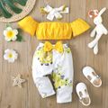 3pcs Baby Girl Off Shoulder Short-sleeve Crop Top and Floral Print Pants with Headband Set Yellow