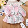 Baby Girl Pink Floral Print Organza Puff-sleeve Button Up Belted Outwear Mauve Pink