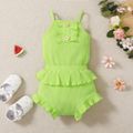 Cotton 2pcs Baby Girl Solid Ribbed Spaghetti Strap Ruffle Romper and Shorts Set Green
