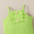 Cotton 2pcs Baby Girl Solid Ribbed Spaghetti Strap Ruffle Romper and Shorts Set Green