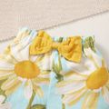 2pcs Baby Girl Sleeveless Bowknot Shirred Crop Top and Floral Print Denim Shorts Set Yellow