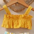 2pcs Baby Girl Sleeveless Bowknot Shirred Crop Top and Floral Print Denim Shorts Set Yellow