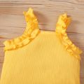 2pcs Baby Girl 100% Cotton Allover Daisy Floral Print Ripped Frayed Denim Shorts and Rib Knit Ruffle Trim Cami Romper Set Yellow
