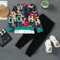 2pcs Toddler Boy Trendy Letter Print Faux-two Hoodie Sweatshirt and Pants Set Black