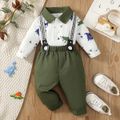 2pcs Baby Boy Allover Dinosaur Print Contrast Collar Long-sleeve Top and Suspender Pants Set Green