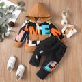 2pcs Baby Boy 95% Cotton Ripped Jeans and Allover Letter Print Long-sleeve Hoodie Set Color block image 3