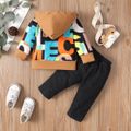 2pcs Baby Boy 95% Cotton Ripped Jeans and Allover Letter Print Long-sleeve Hoodie Set Color block