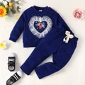 2pcs Toddler Girl Sweet Floral Embroidered Mesh Design Sweatshirt and Waffle Pants Set Royal Blue image 1
