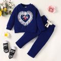 2pcs Toddler Girl Sweet Floral Embroidered Mesh Design Sweatshirt and Waffle Pants Set Royal Blue image 2