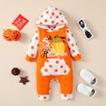 Halloween Baby Boy/Girl 95% Cotton Polka Dot Hooded Long-sleeve Spliced Pumpkin & Letter Print Jumpsuit Orange image 2
