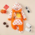 Halloween Baby Boy/Girl 95% Cotton Polka Dot Hooded Long-sleeve Spliced Pumpkin & Letter Print Jumpsuit Orange image 1